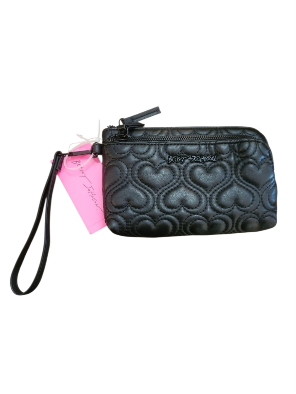 Betsey Johnson Black Quilted Heart Wristlet Pouch with Strap NWT